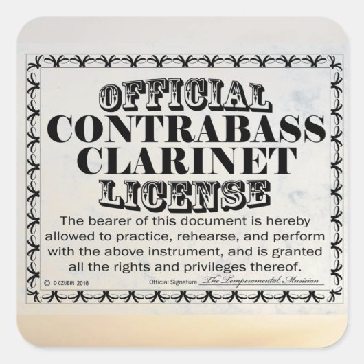 Contrabass Clarinet License Square Sticker (Voorkant)