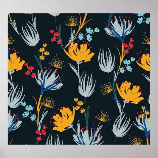 Contrast bloemborstel: zwart naadloos poster (Voorkant)