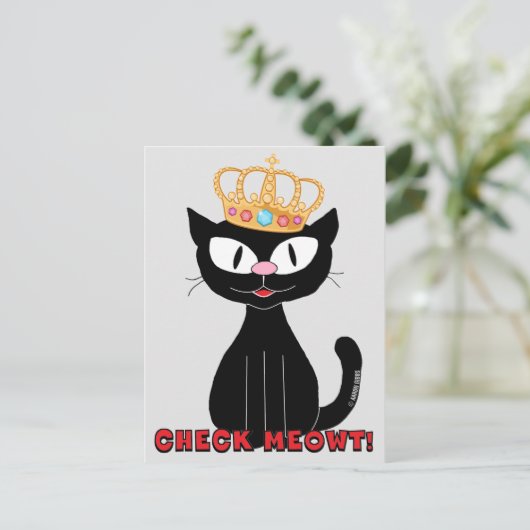 CONTROLE MEOWT Cute Funny Black Cartoon Cat Briefkaart (Staand voorkant)