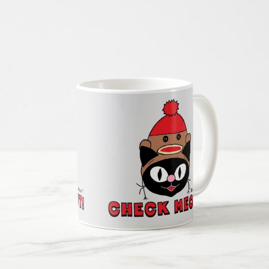 CONTROLEER MEOWT! Cartoon Kat met Sock Monkey-Pet Koffiemok (Voorkant rechts)