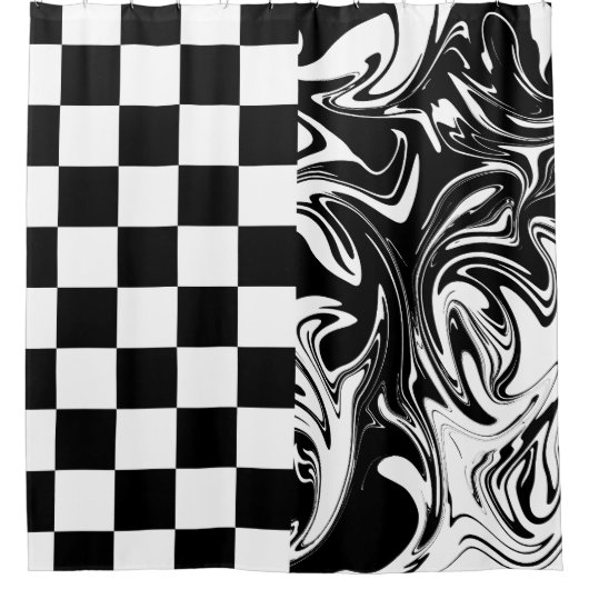 Controles en zwenken - zwart en wit douchegordijn (Voorkant)
