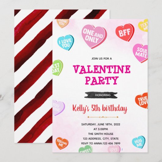 Conversation Hearts verjaardagsuitnodiging Kaart (Voorkant / Achterkant)