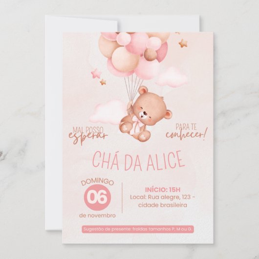 Convite Chá de Bebê da Ursinha Alice Kaart (Voorkant)