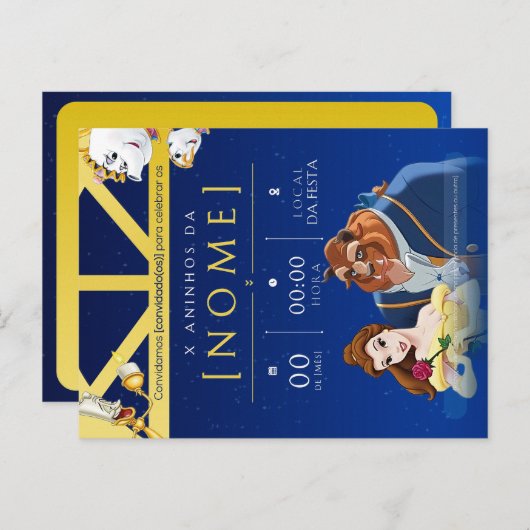 Convite de Aniversário Infantil da Bela e a Fera Uitnodiging Briefkaart (Voorkant / Achterkant)