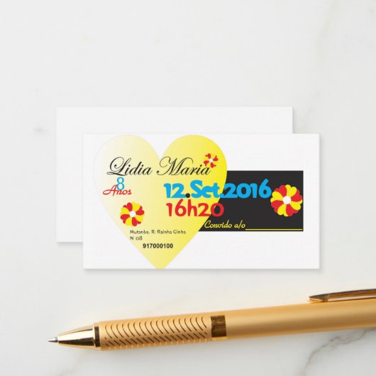 Convite de aniversario informatiekaartje (Voorkant / Achterkant in situ)