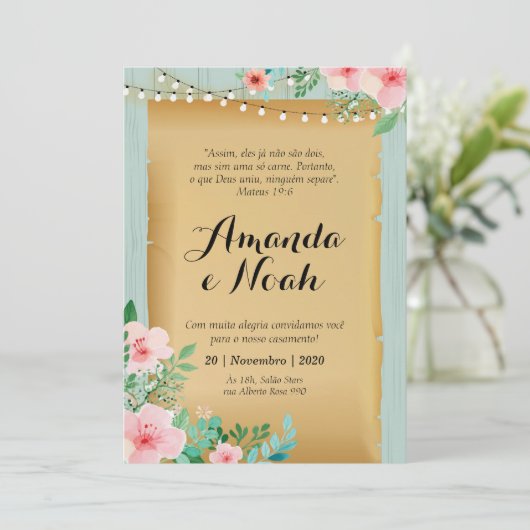 Convite de Casamento, amadeirado turquesa Kaart (Staand voorkant)