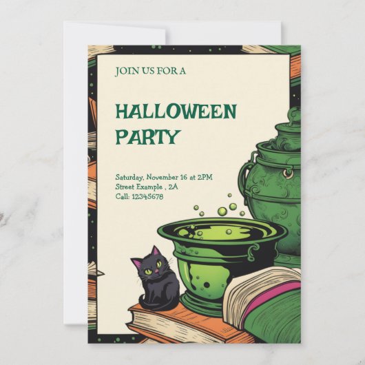 Convite Festa Halloween Caldeirão e Gato Preto Kaart (Voorkant)