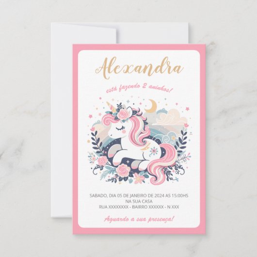 Convite Mágico Unicórnio Rosa em Português (Voorkant)