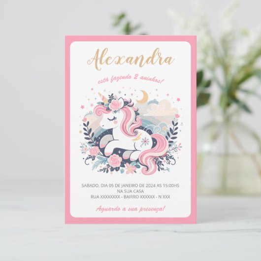 Convite Mágico Unicórnio Rosa em Português (Staand voorkant)