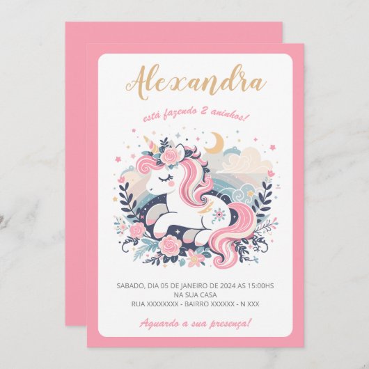 Convite Mágico Unicórnio Rosa em Português Kaart (Voorkant / Achterkant)