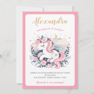 Convite Mágico Unicórnio Rosa em Português Kaart