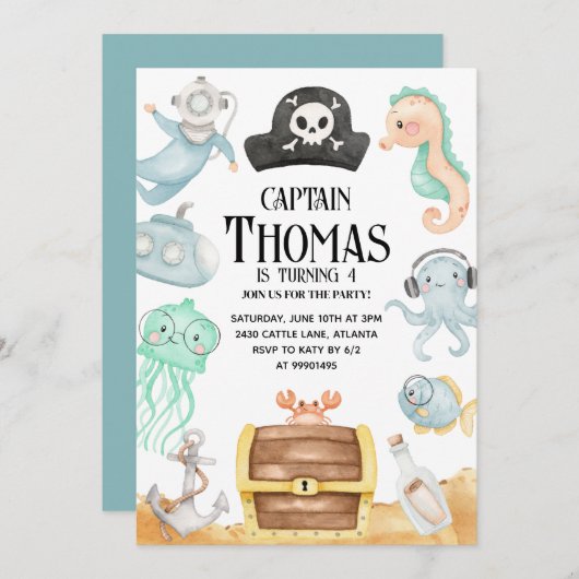 Convite Pirata, Convite De Aniversário Pirata Kaart (Voorkant / Achterkant)