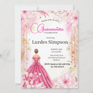 Convite  Quinceañera invitation  Floral Pink Kaart