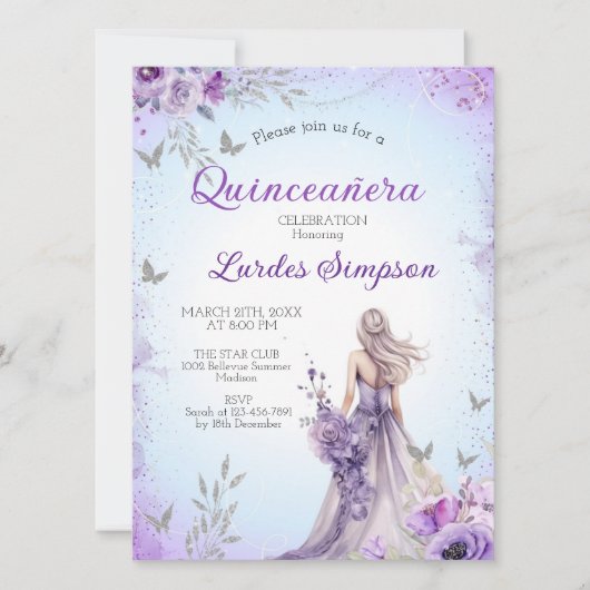 Convite Quinceañera invitation Purple and Silver Kaart (Voorkant)
