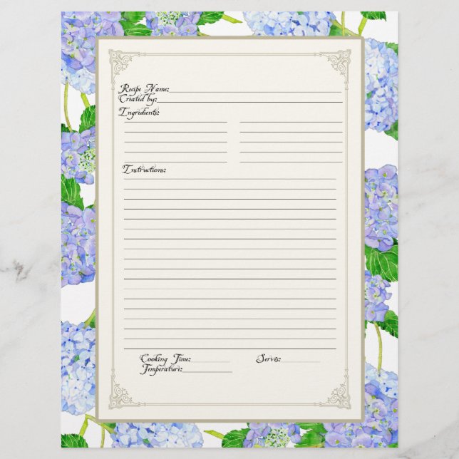 Cookbook Page Blue Hydrangea Lace Floral Formal (Voorkant)