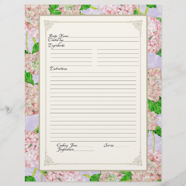 Cookbook Page Pink Hydrangea Floral Formele (Voorkant)