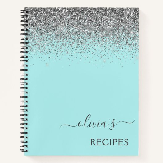 Cookbook Recipe Silver Aqua Blauwgroen Blue Glitte Notitieboek (Voorkant)