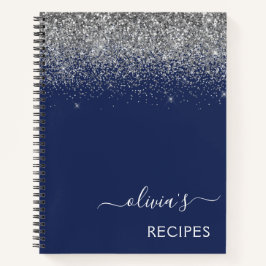 Cookbook Recipe Silver Navy Blue Glitter Monogram Notitieboek