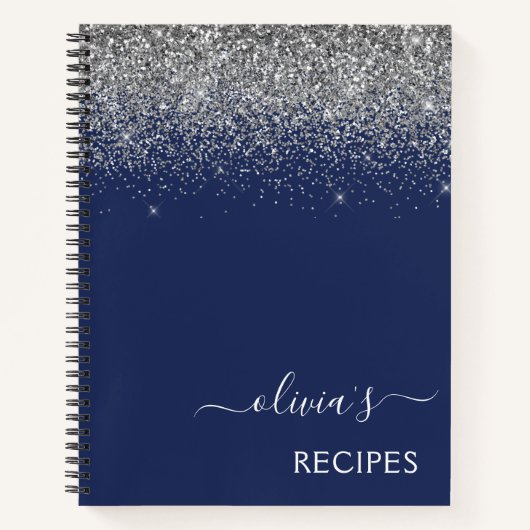 Cookbook Recipe Silver Navy Blue Glitter Monogram Notitieboek (Voorkant)