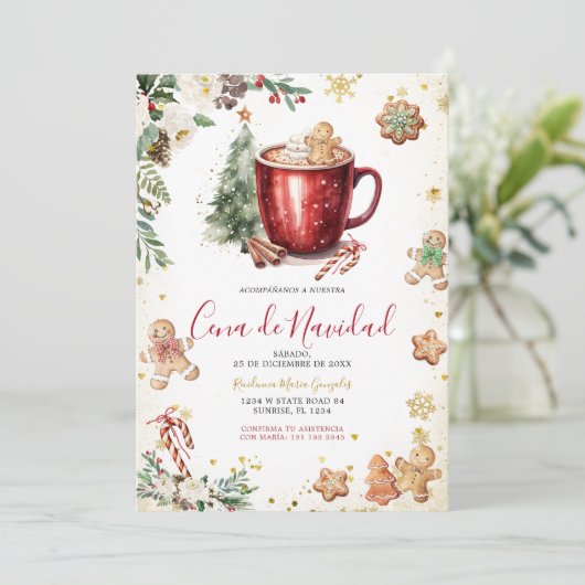 Cookie Cocoa Christmas Spanish Cena De Navidad Kaart (Staand voorkant)