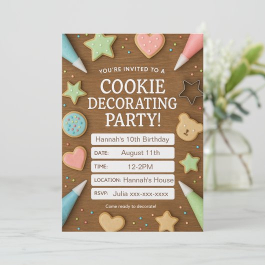 Cookie Decorating Hout Verjaardag Uitnodiging (Staand voorkant)