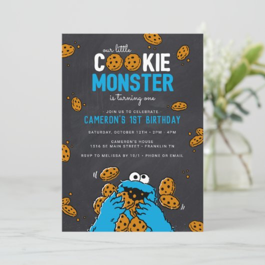 Cookie Monster Birthday Chalkboard Uitnodiging (Staand voorkant)