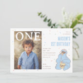 Cookie Monster Blue Confetti First Birthday Kaart (Staand voorkant)