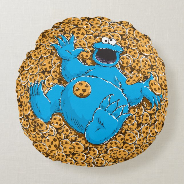  Cookie Monster en Cookies Rond Kussen (Voorkant)