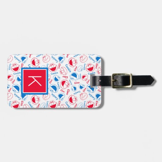 Cookie Monster en Elmo | Rood- en blauw patroon Bagagelabel (Voorkant horizontaal)