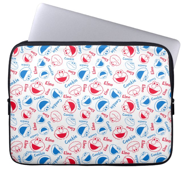 Cookie Monster en Elmo | Rood- en blauw patroon Laptop Sleeve (Voorkant)