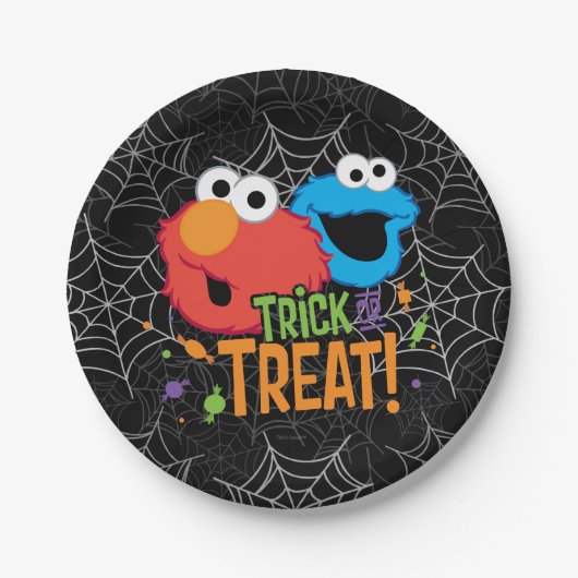 Cookie Monster en Elmo - Trick or treat Papieren Bordje (Voorkant)