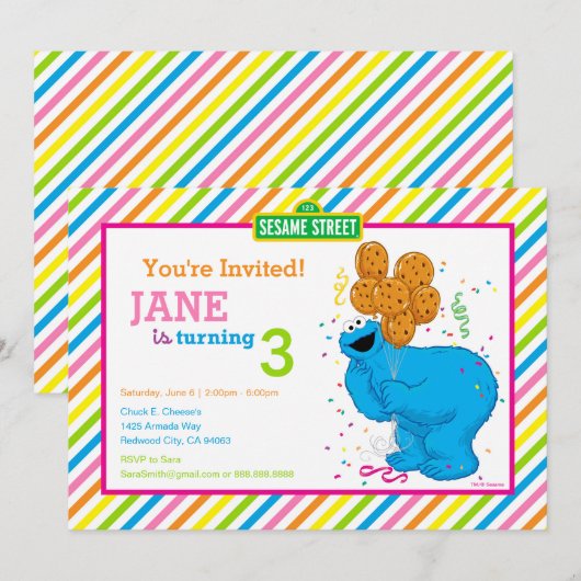 Cookie Monster Striped Birthday Kaart (Voorkant / Achterkant)