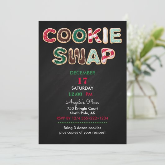Cookie Swap Kerstkoekjes Rood Groen Schoolbord Kaart (Staand voorkant)
