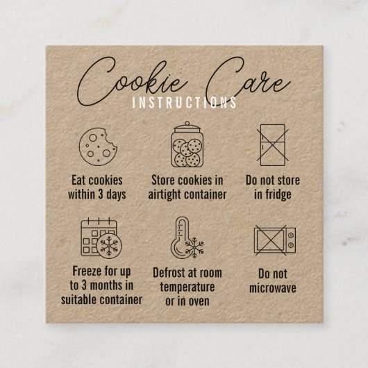 Cookies Care Instructions Kraft Vierkante Visitekaartje (Voorkant)