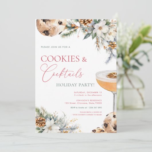 Cookies Cocktails Witte Bloemen Adult Holiday Part Kaart (Staand voorkant)