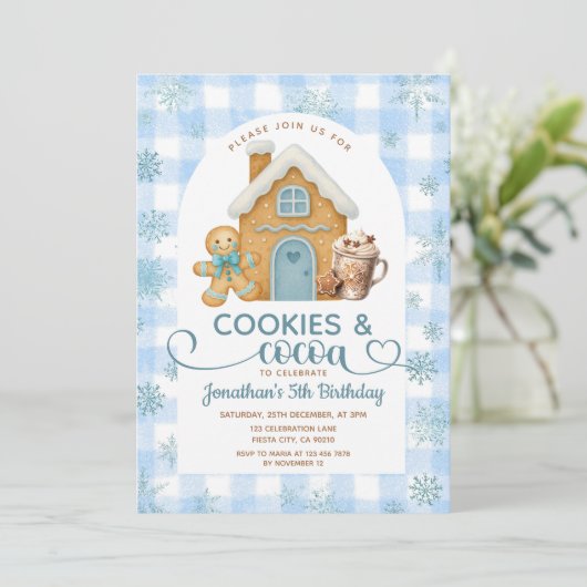 Cookies & Cocoa Birthday Blue Snowflakes Gingham Kaart (Staand voorkant)