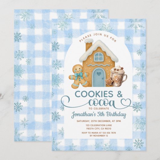 Cookies & Cocoa Birthday Blue Snowflakes Gingham Kaart (Voorkant / Achterkant)