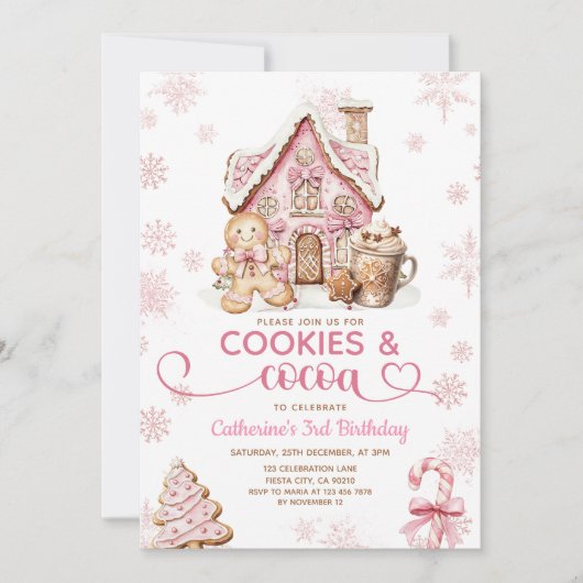Cookies & Cocoa Birthday Pink Snowflakes Holiday Kaart (Voorkant)