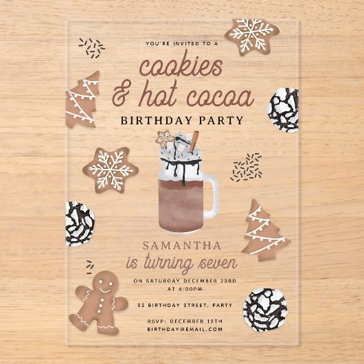 Cookies & Hot Cocoa Chocolate Kids Winter Birthday Acryl Uitnodigingen (Voorkant)