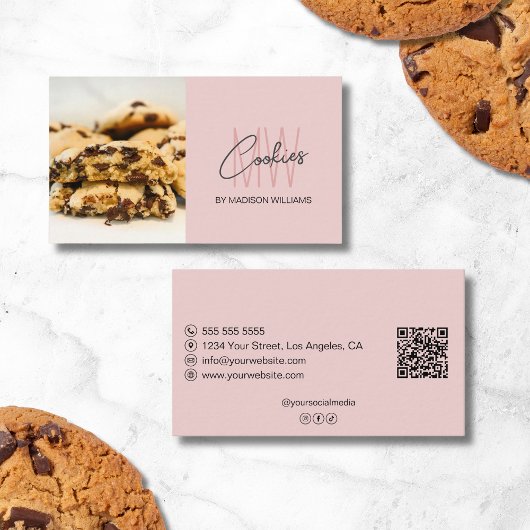 Cookies Monogram Logo Bakkerij Foto QR Roze Visitekaartje