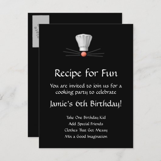 Cooking Party Sjabloon: Zwart en Wit Uitnodiging Briefkaart (Voorkant / Achterkant)