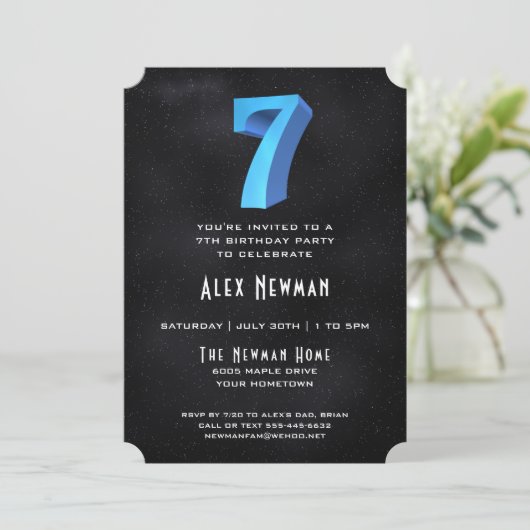 Cool 3D op Black 7th Birthday Party Uitnodiging (Staand voorkant)