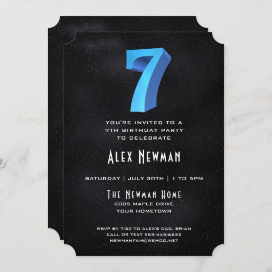 Cool 3D op Black 7th Birthday Party Uitnodiging (Voorkant / Achterkant)
