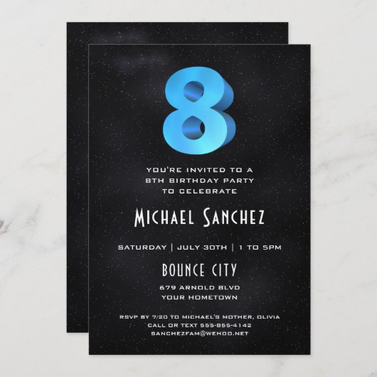 Cool 3D op Black 8th Birthday Party Invitation Kaart (Voorkant / Achterkant)