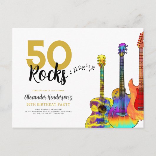 Cool 50 rocks gitaar 50ste verjaardagsfeestje uitnodiging briefkaart (Voorkant)