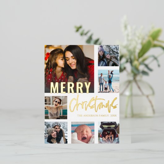 Cool 7 Photo Collage Merry Kerstkalligrafie Folie Feestdagen Briefkaart (Staand Voorkant)