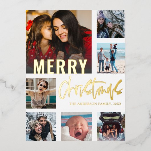 Cool 7 Photo Collage Merry Kerstkalligrafie Folie Feestdagen Briefkaart (Voorkant)