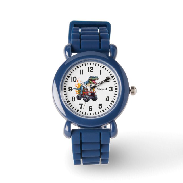 Cool Aangepaste Naam Dinosaurus Rijden Monster Tru Horloge (Voorkant)