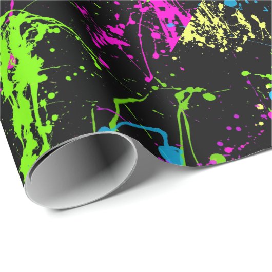 Cool Abstract Retro Rainbow Paint Splatter Zwart Cadeaupapier (Rol Hoek)