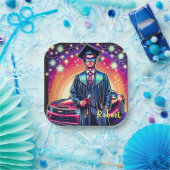 Cool Afstuderen man met mooie auto op maat Papieren Bordje (Feest)